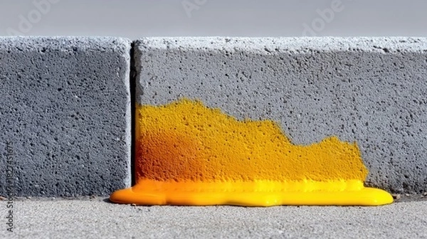 Fototapeta Close-up of yellow paint dripping down a concrete curb on a sunny day. Abstract and artistic composition.