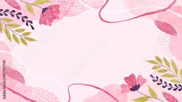 Obraz 春風と花と植物の背景フレーム 春のナチュラルでフローラルな水彩イラスト枠