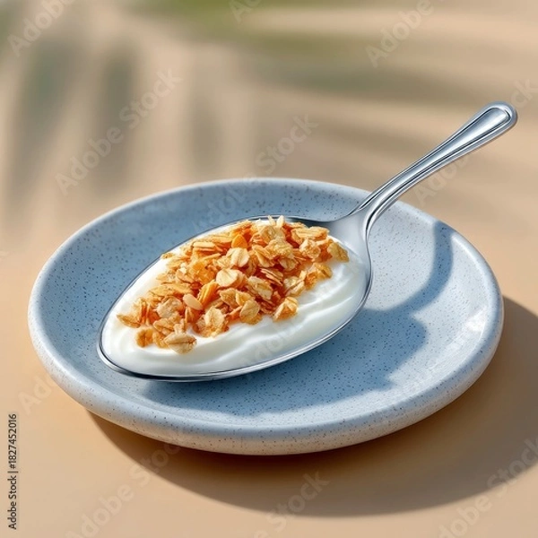 Obraz A spoon filled with yogurt and granola sits on a small plate. The image is a studio shot with soft lighting.
