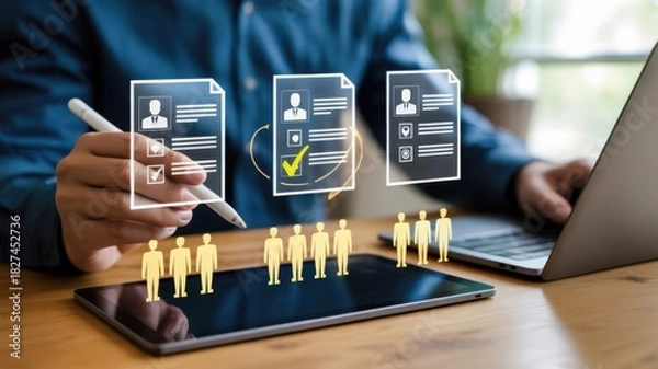 Fototapeta Professional utilizes digital interface for candidate selection and employee management process