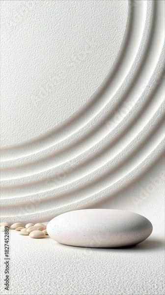 Fototapeta A minimalist composition featuring a large oval stone, small pebbles, and a textured, curved background, evoking a sense of calm and tranquility.