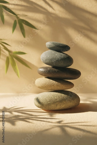 Fototapeta Stacked Zen Stones with Bamboo Leaves on Warm Beige Background
