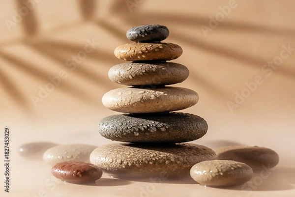 Fototapeta Stacked Zen Stones with Bamboo Leaves on Warm Beige Background