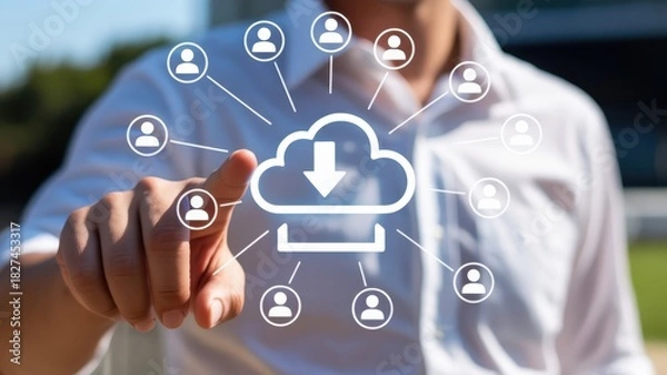 Fototapeta Business professional interacts with a digital interface representing centralized data distribution to a network of users