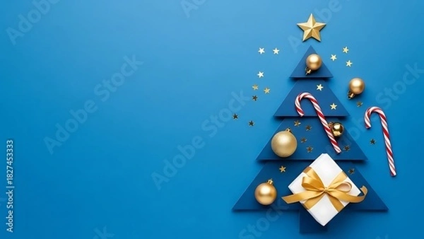 Fototapeta Festive christmas tree arrangement with ornaments and gifts on blue background