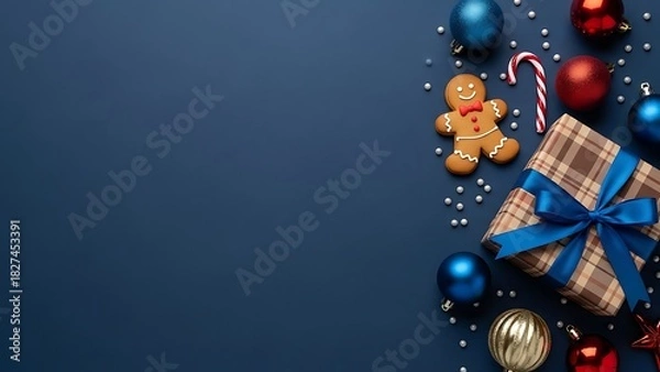 Fototapeta Festive christmas gift and ornament border on dark blue background with copy space