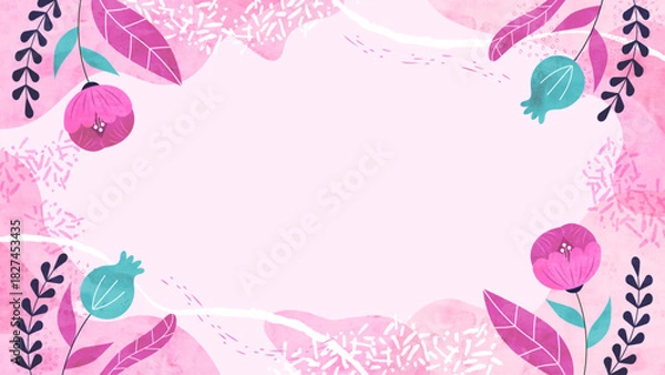 Obraz 春風と花と植物の背景フレーム 春のナチュラルでフローラルな水彩イラスト枠