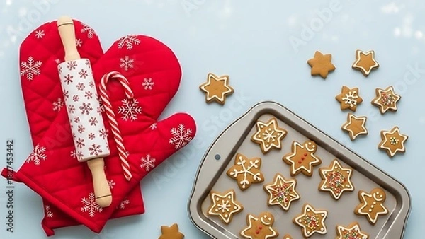 Fototapeta Festive gingerbread cookies with rolling pin and oven mitt for christmas baking
