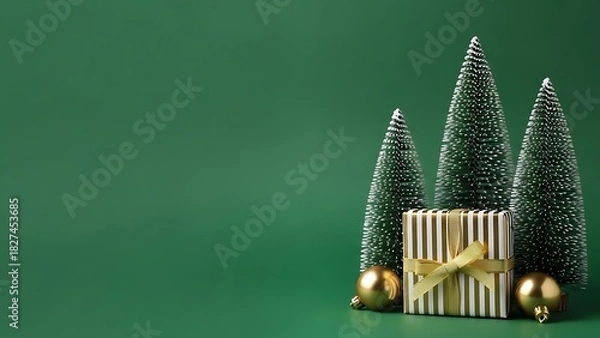 Fototapeta Elegant christmas still life with miniature trees and wrapped gift