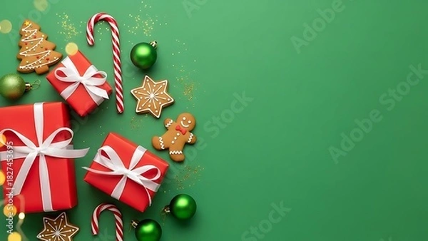 Fototapeta Festive christmas gifts and treats on a green background with copy space