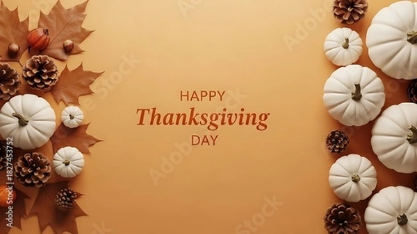 Fototapeta Elegant thanksgiving background with white pumpkins pine cones and maple leaves