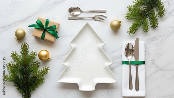 Fototapeta Festive christmas table setting with tree plate and gift