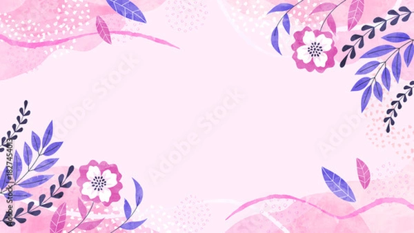 Obraz 春風と花と植物の背景フレーム 春のナチュラルでフローラルな水彩イラスト枠