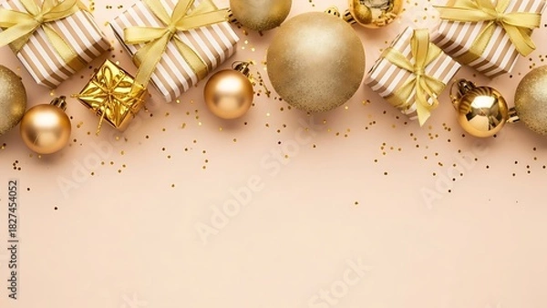 Fototapeta Elegant festive arrangement of gold christmas ornaments and gifts on beige background