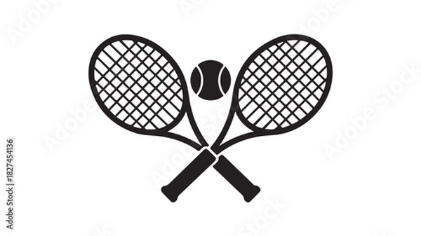 Obraz Tennis rackets crossed with a tennis ball simple black vector icon for sports and recreation isolated on white background