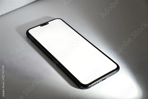 Fototapeta Black smartphone with blank white screen on surface