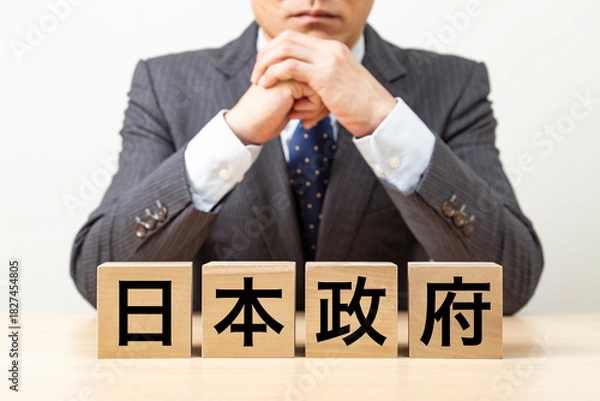 Obraz 「日本政府」と書かれたブロックとビジネスマン