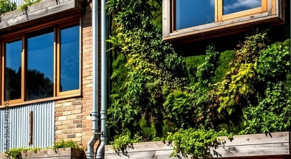 Obraz Lush Vertical Garden Adorns Building Facade with Windows and Met