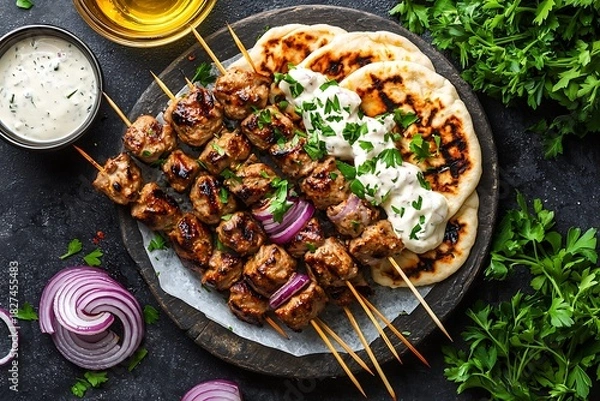 Fototapeta Grilled Chicken Skewers With Herbs And Pita high resolution picture