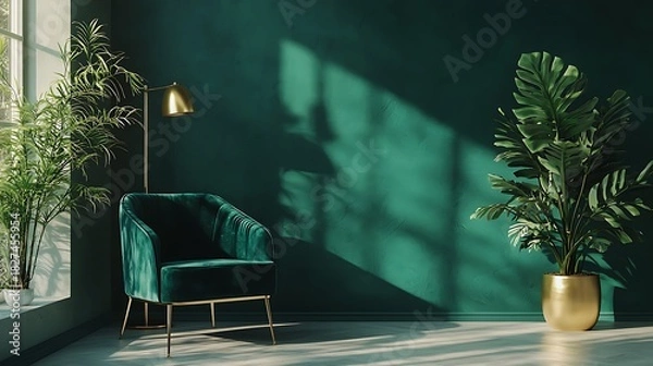 Fototapeta Stylish reading corner with plants and lamp high resolution picture