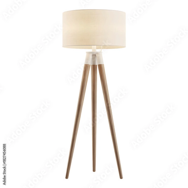 Obraz Modern tripod floor lamp with a white fabric shade and wooden legs isolated on transparent background