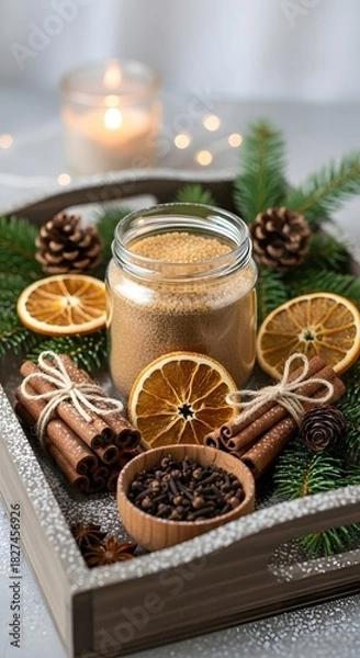 Obraz Aromatic winter spices and brown sugar in a wooden tray