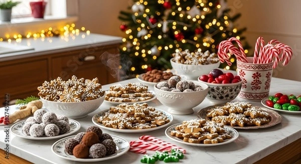 Fototapeta A festive holiday table laden with assorted christmas cookies and candy