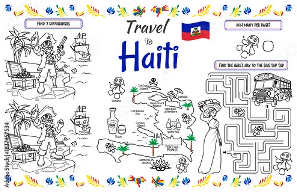 Obraz A fun placemat for kids. Printable Travel to Haiti activity sheet with a labyrinth and find the differences. 17x11 inch printable vector file