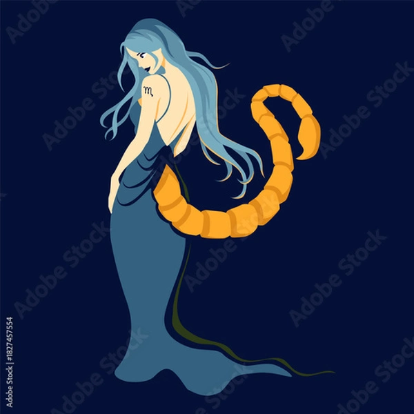 Obraz A beautiful girl in a dress with a golden scorpion tail. Zodiac sign Scorpio. Vector illustration.
