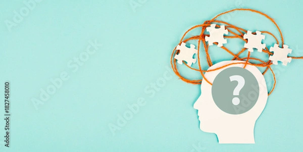 Fototapeta Human mind, question mark and puzzle pieces, brain ask for answer, brainstorming, overthinking, connecting knowledge and wisdom, confusion and clarity