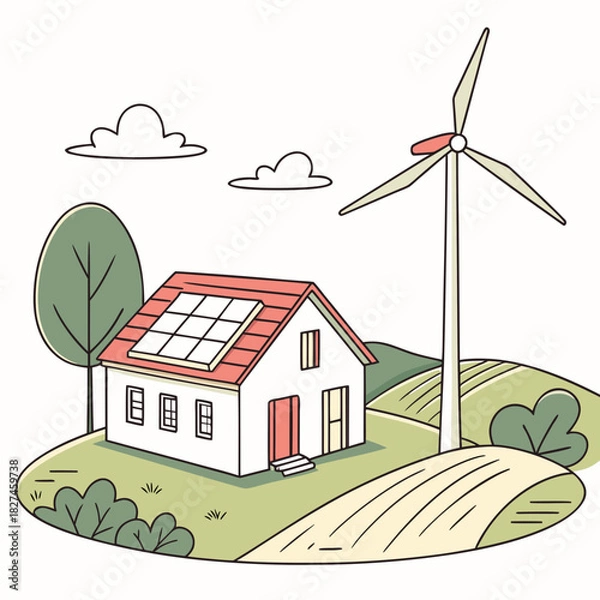 Obraz Sustainable living with a modern house featuring solar panels and a wind turbine in a rural landscape