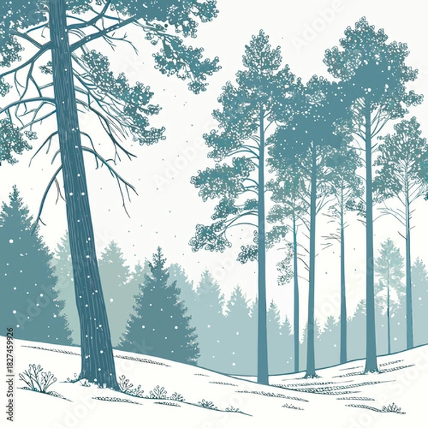 Obraz Serene winter forest scene with tall pine trees and falling snow in a cool blue and white palette