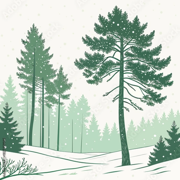 Obraz Serene winter forest scene with snow falling gently on pine trees and rolling snow covered hills