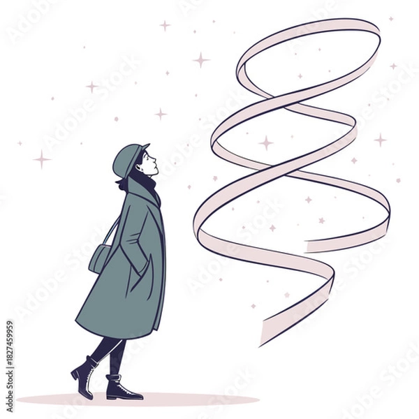 Obraz A woman in a coat and hat gazes upwards at a swirling pink ribbon against a backdrop of faint stars
