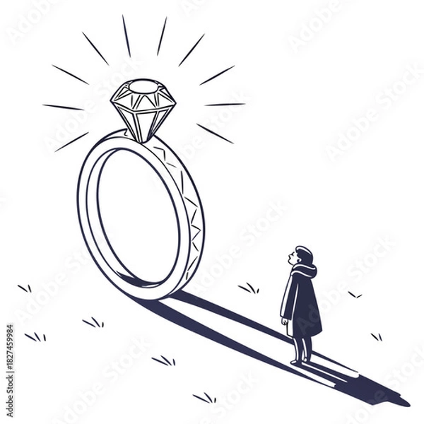 Obraz A person stands in a field looking up at a giant sparkling diamond engagement ring casting a long shadow