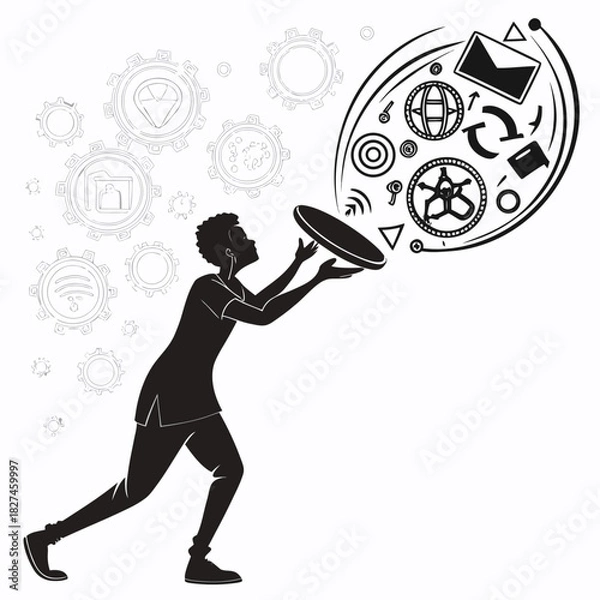 Obraz Silhouette of a person juggling technology icons and gears representing digital innovation and data management
