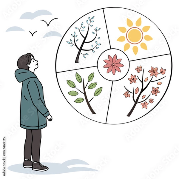 Obraz Person in a coat looking up at a circular diagram representing the four seasons and their distinct natural elements