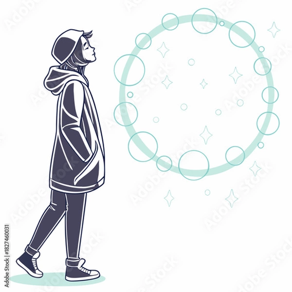 Obraz Young person in a hooded jacket and beanie looking up at a whimsical circle of bubbles and stars