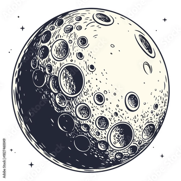 Obraz Detailed illustration of the moon with craters and stars in a vintage engraving style
