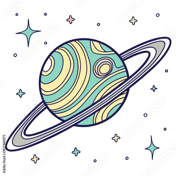 Obraz Whimsical cartoon planet with colorful rings and stars in a simple flat design style