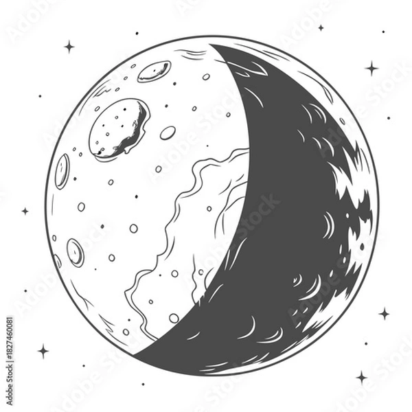 Obraz Stylized illustration of a crescent moon with craters and stars in a simple line art style