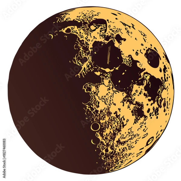 Obraz Stylized illustration of the moon with visible craters and a dark shadowed hemisphere against a white background