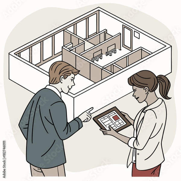 Obraz Man and woman discussing a floor plan on a tablet in front of an isometric building layout