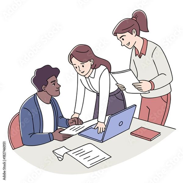 Obraz Diverse team of three professionals collaborating on a project at a desk with a laptop and documents