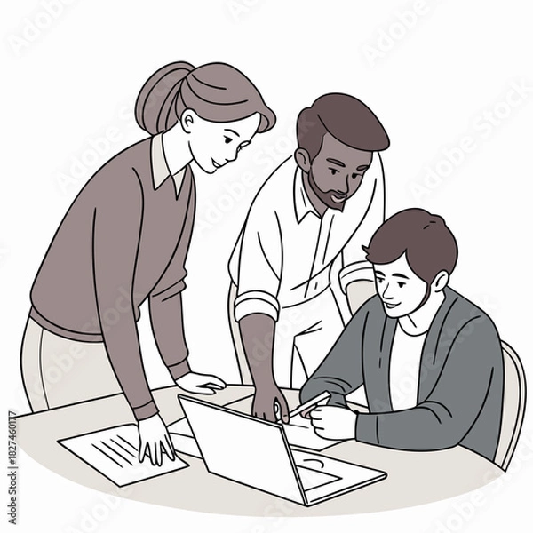 Obraz Diverse team of three people collaborating on a project using a laptop and documents at a desk