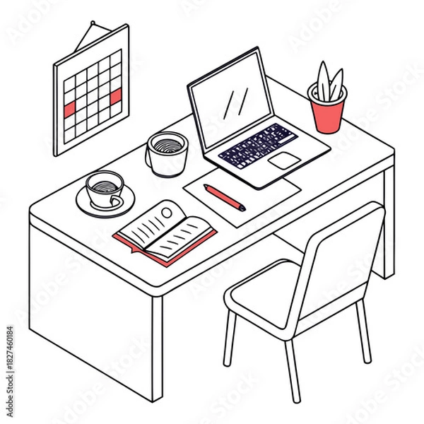 Obraz Isometric view of a clean desk with a laptop open book coffee cups and a calendar marking important dates