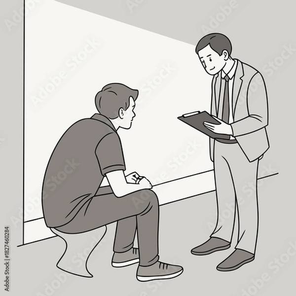 Obraz A man in a suit holding a clipboard talks to another man sitting down in a casual outfit