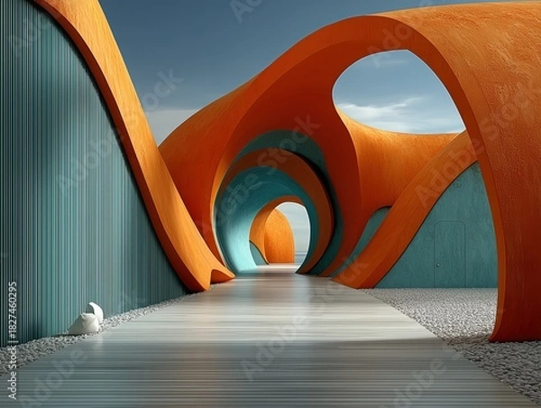 Fototapeta Futuristic Fashion Space 3D Render with Curved Orange Structures and Teal Striped Panels