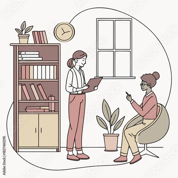 Obraz Two women in a room one standing with a clipboard and the other sitting in a chair discussing something