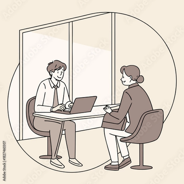 Obraz Two people in a modern office setting having a discussion while one uses a laptop computer at a desk